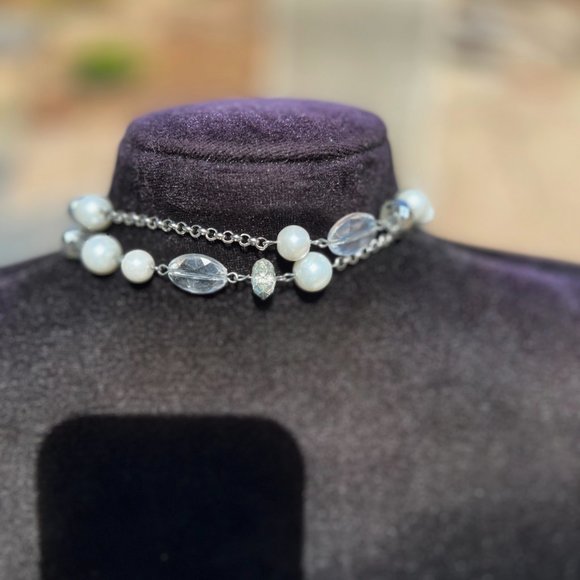 Long Pearl Necklace Sparkle Silver Tone Dressy Faux Crystal NWT - Picture 5 of 6